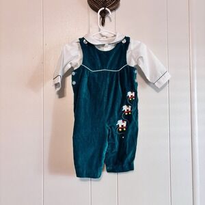 Baby Emerald Green Jumpsuit Corduroy 3-6 Month 2 Piece Set, Vintage Paper Tag